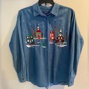 Karen Scott Chambray Embroidered Christmas Town Long Sleeve Button Down Size L